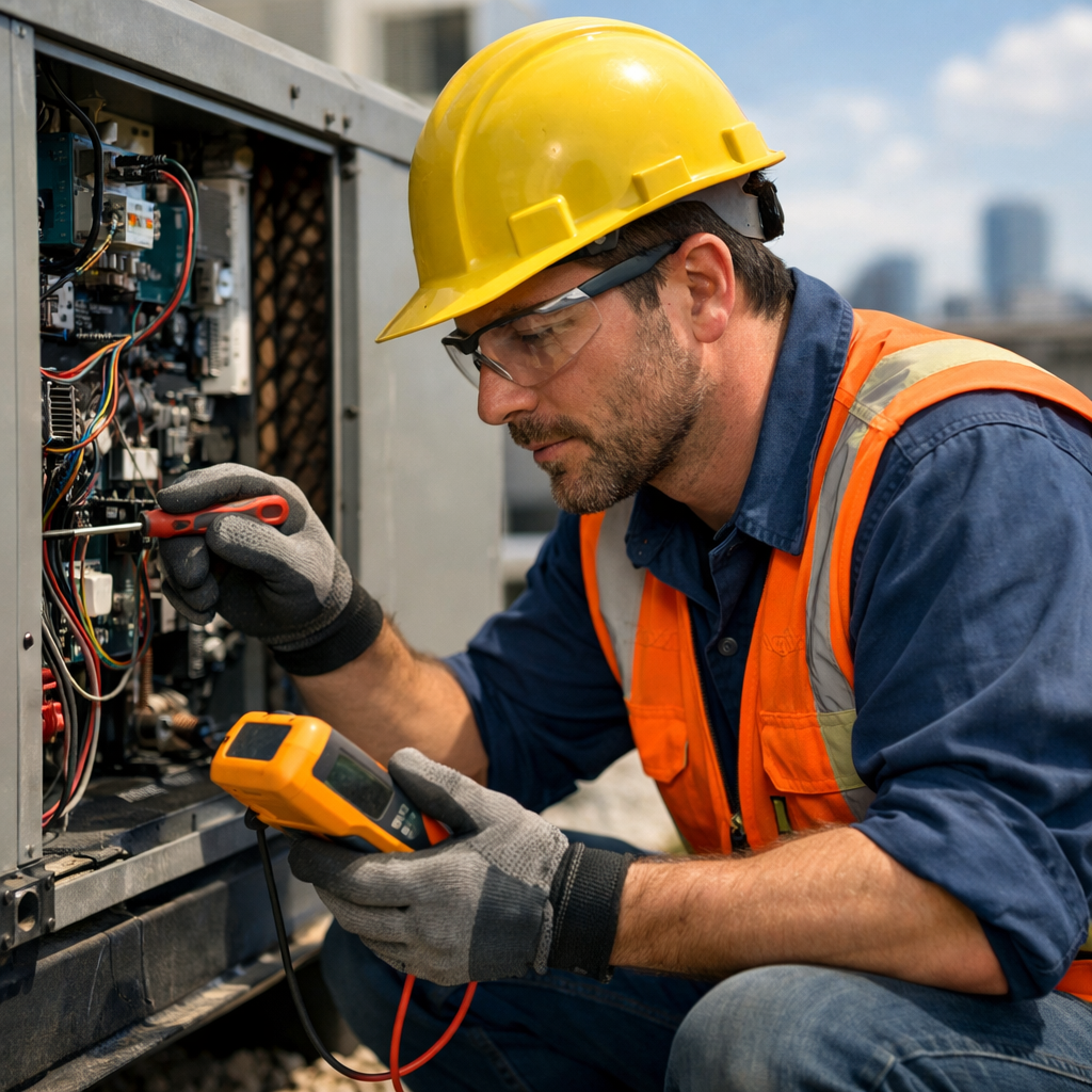 HVAC Technician Working on Rooftop Unit