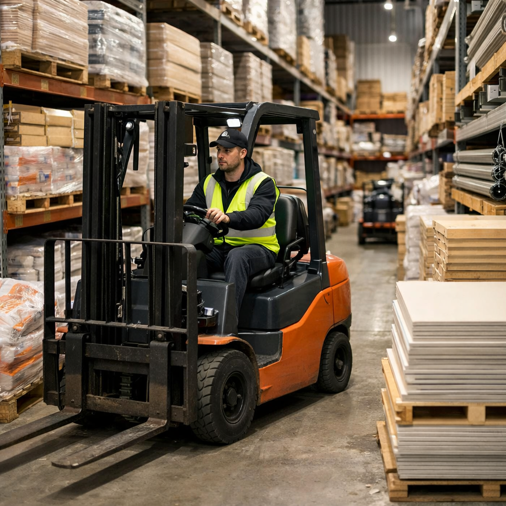 Person Raising Forklift in Storage Full of Building Materials-1